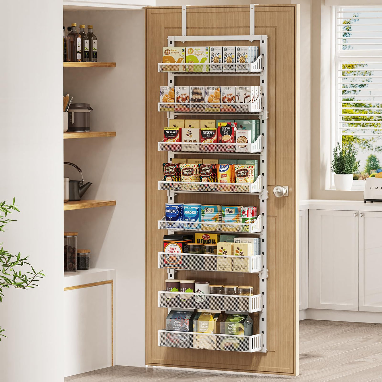 Over the Door Pantry Organizer 8-Tier, Large Metal Door Spice Rack with Adjustable Basket, 2 in 1 Wall Mount or Hanging Heavy-Duty Pantry Door Storage Shelf for Kitchen and Bathroom, White POKIPO