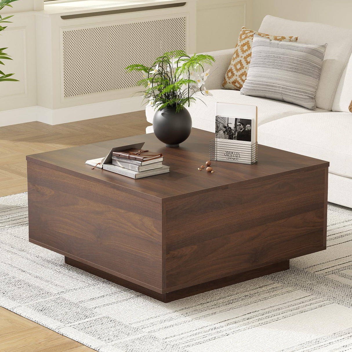 FABATO Lift Top Coffee Table, Wood Square Coffee Table with Storage, Farmhouse Coffee Tables with Hidden Storage Compartment, Center Table with Lifting Tabletop for Living Room, Home Office, Walnut FABATO