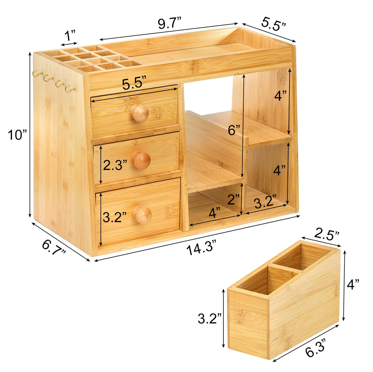 Elsjoy Bamboo Makeup Organizer with 3 Drawers & 12-Grid Lipstick Holder, Desk Bamboo Vanity Jewelry Organizer, Countertop Cosmetic Storage Box Stand with Hooks for Hanging Jewelry Elsjoy