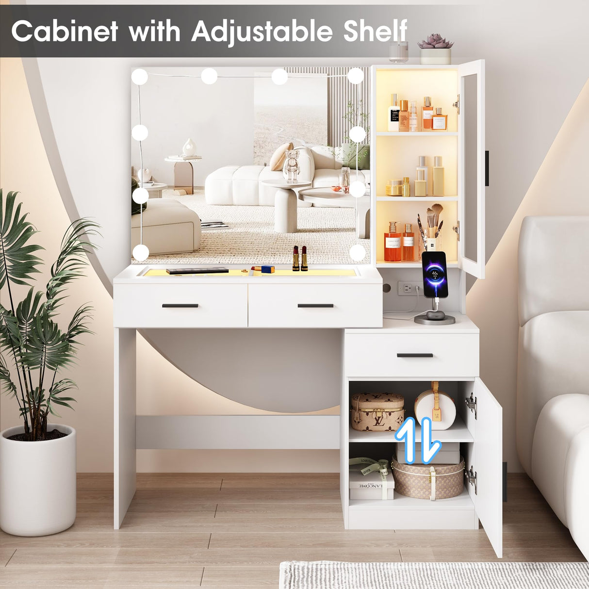 Fameill Makeup Vanity Glass Top with Lights, White Vanity Desk with Mirror & Charging Station, Vanity Table Set with RGB Lights, Large Mirror with 3 Lighting Modes, 3 Drawers & 2 Cabinets, 43in(L) Fameill