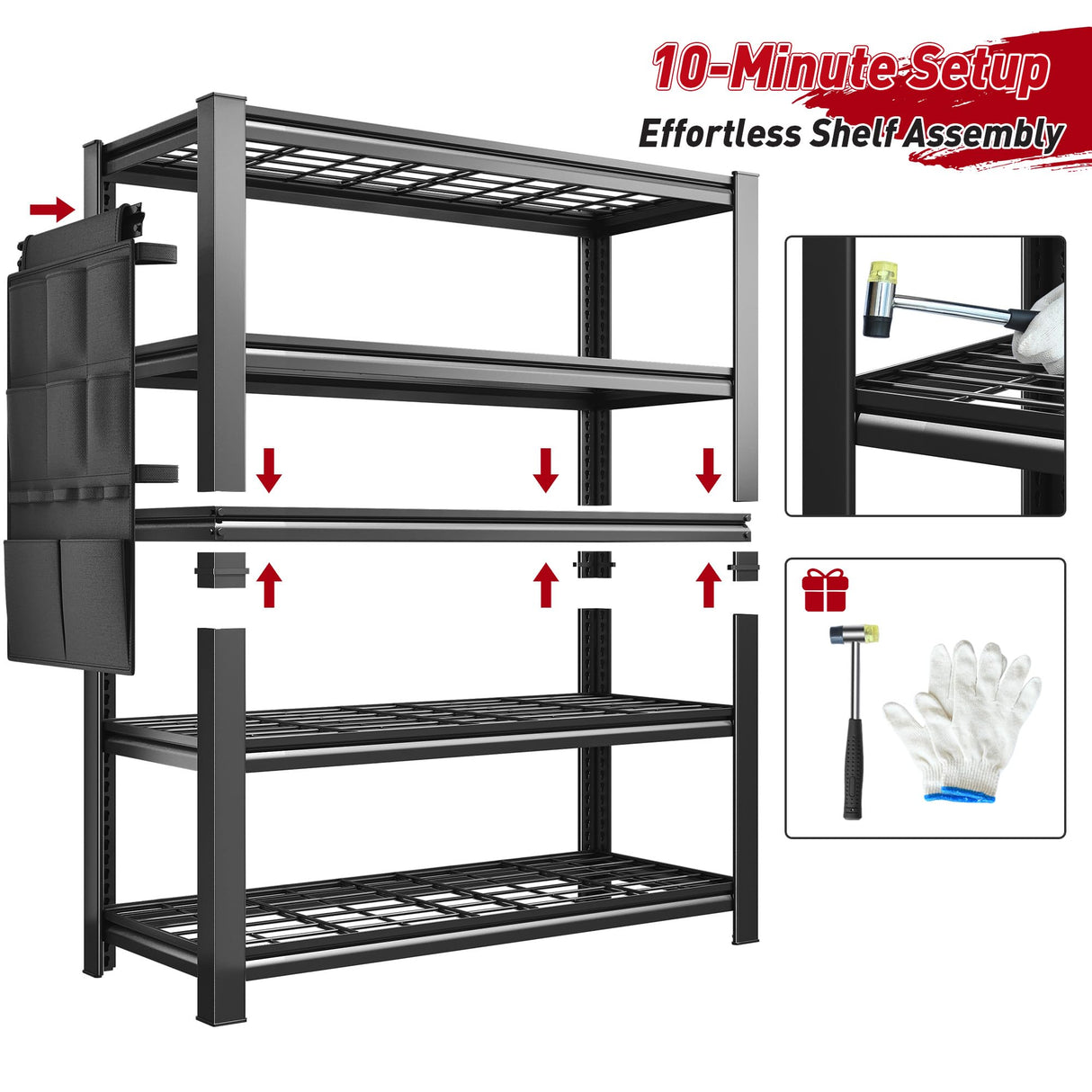 REIBII Storage Shelves, Heavy Duty Garage Shelving Load 2500LBS, 5-Tier Garage Shelves with Tool Storage Bag, Adjustable Industrial Metal Shelving for Basement, 66" H x38.2 W x16 D, Black REIBII