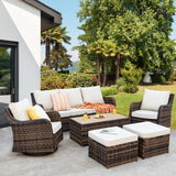 MEISSALIVVE 6 Pieces Outdoor Patio Furniture Set, Wicker Patio Conversation Set, Patio Sectional Furniture Set with 2 Swivel Rocker Patio Chair and Sofa, 2 Ottomans and Coffee Table (Brown) MEISSALIVVE