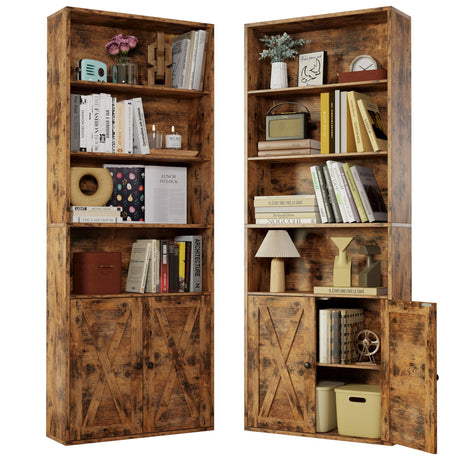 IRONCK Industrial Bookshelves and Bookcases with Doors Set of Two Floor Standing 6 Shelf Display Storage Shelves 70 in Tall Bookcase for Home Office, Living Room IRONCK