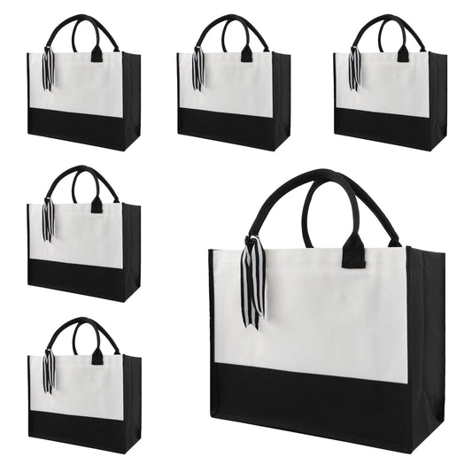 OKBA 6 PCS classic black and white canvas tote bags, DIY personalized blank beach shopping bag for women, Mom, friend gift (Tote Bag *6pcs)