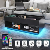 LED Coffee Table for Living Room Lift Top Coffee Tables with Storage Morden High Gloss 4 Tiers Black Tea Table Center Tables Sofa Hidden Compartment & 2 Open Shelve HOMMPA