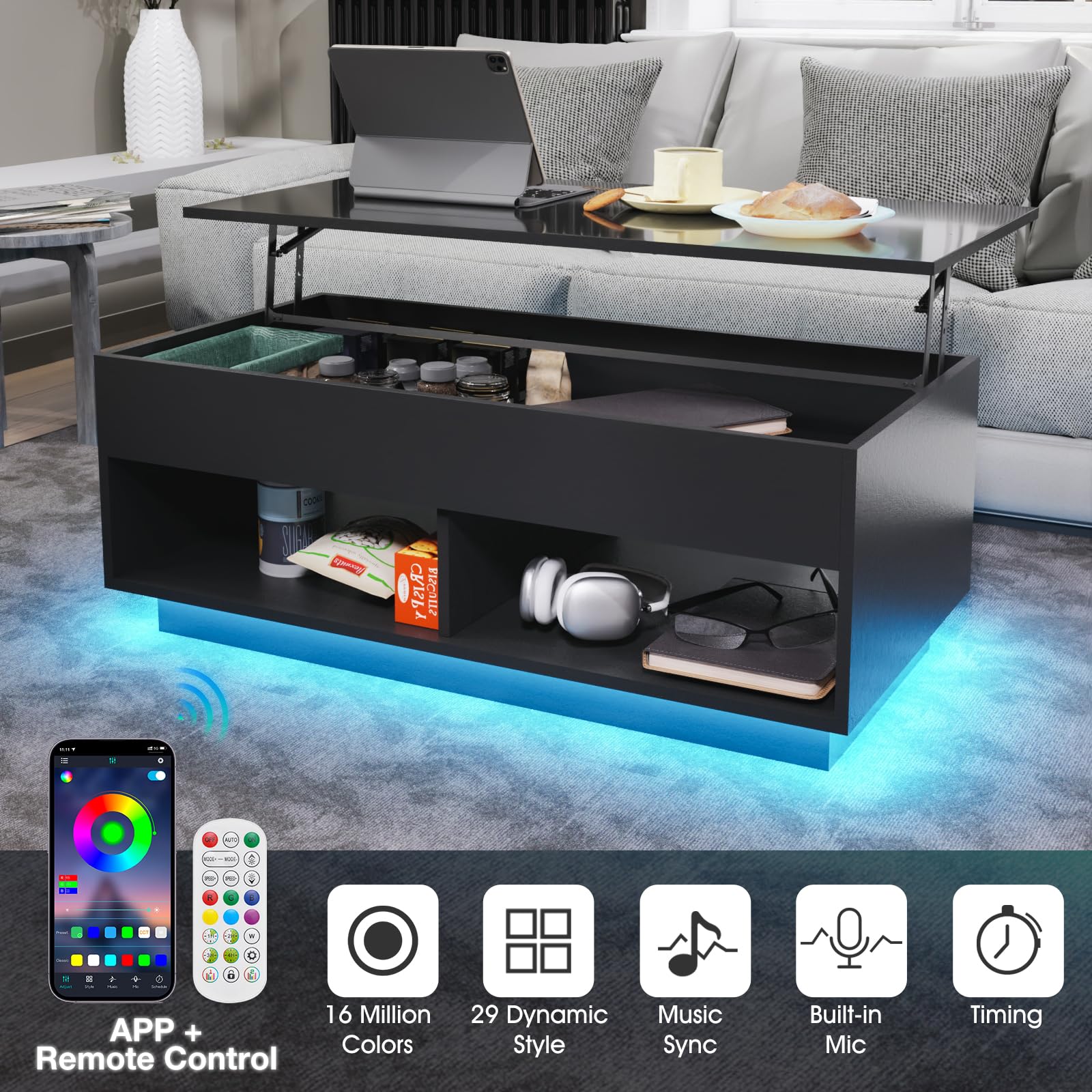 LED Coffee Table for Living Room Lift Top Coffee Tables with Storage Morden High Gloss 4 Tiers Black Tea Table Center Tables Sofa Hidden Compartment & 2 Open Shelve - WoodArtSupply