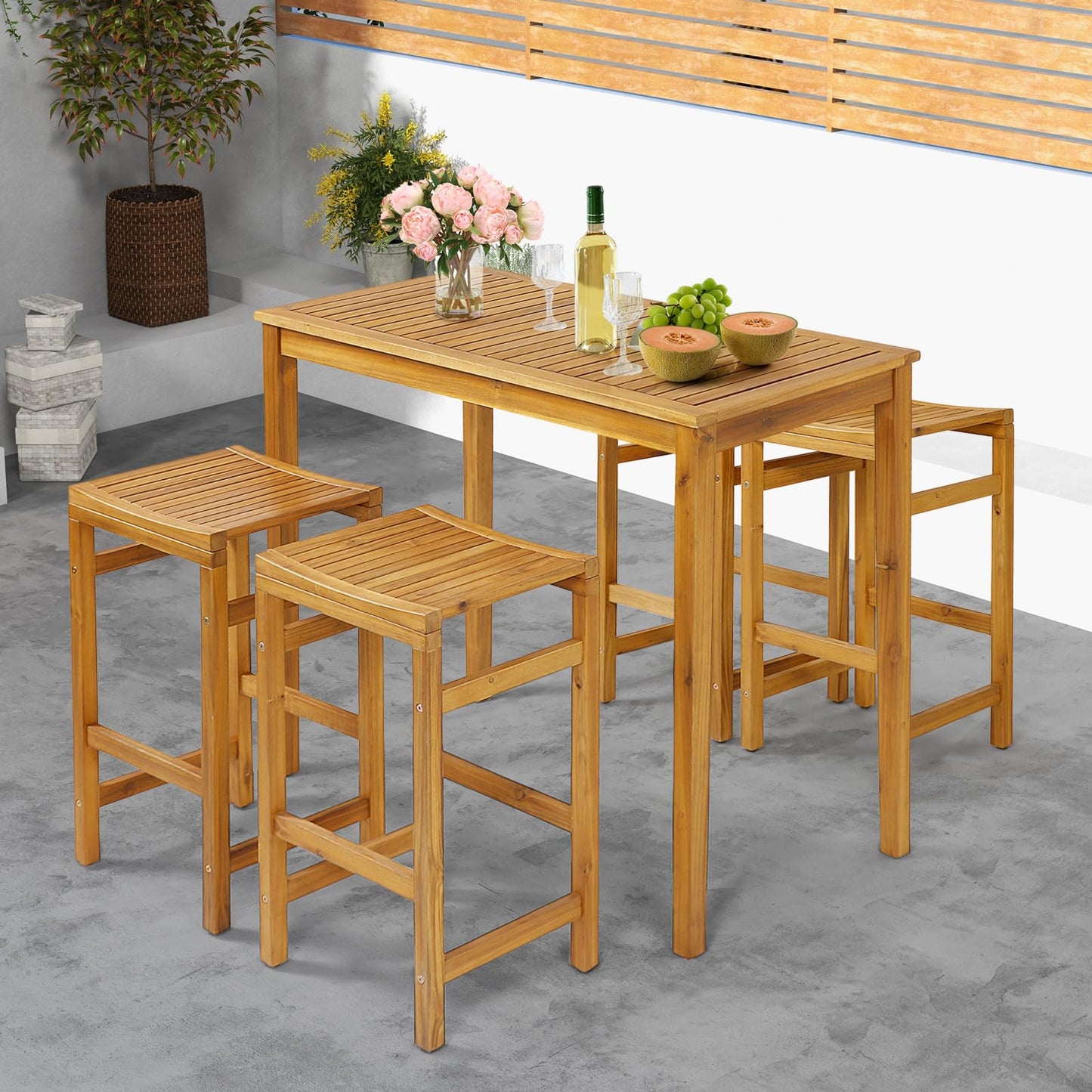 HAPPYGRILL Acacia Wood 5-Piece Outdoor Bar Set with Table and Saddle Stools