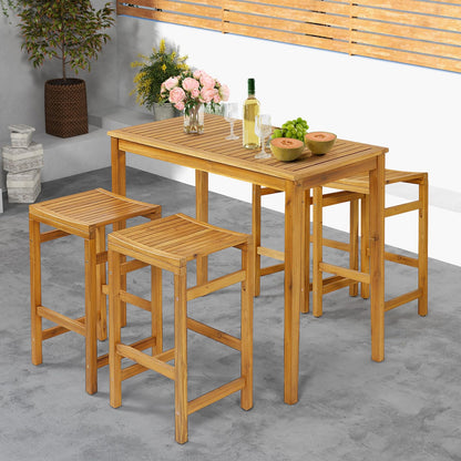 HAPPYGRILL Acacia Wood 5-Piece Outdoor Bar Set with Table and Saddle Stools