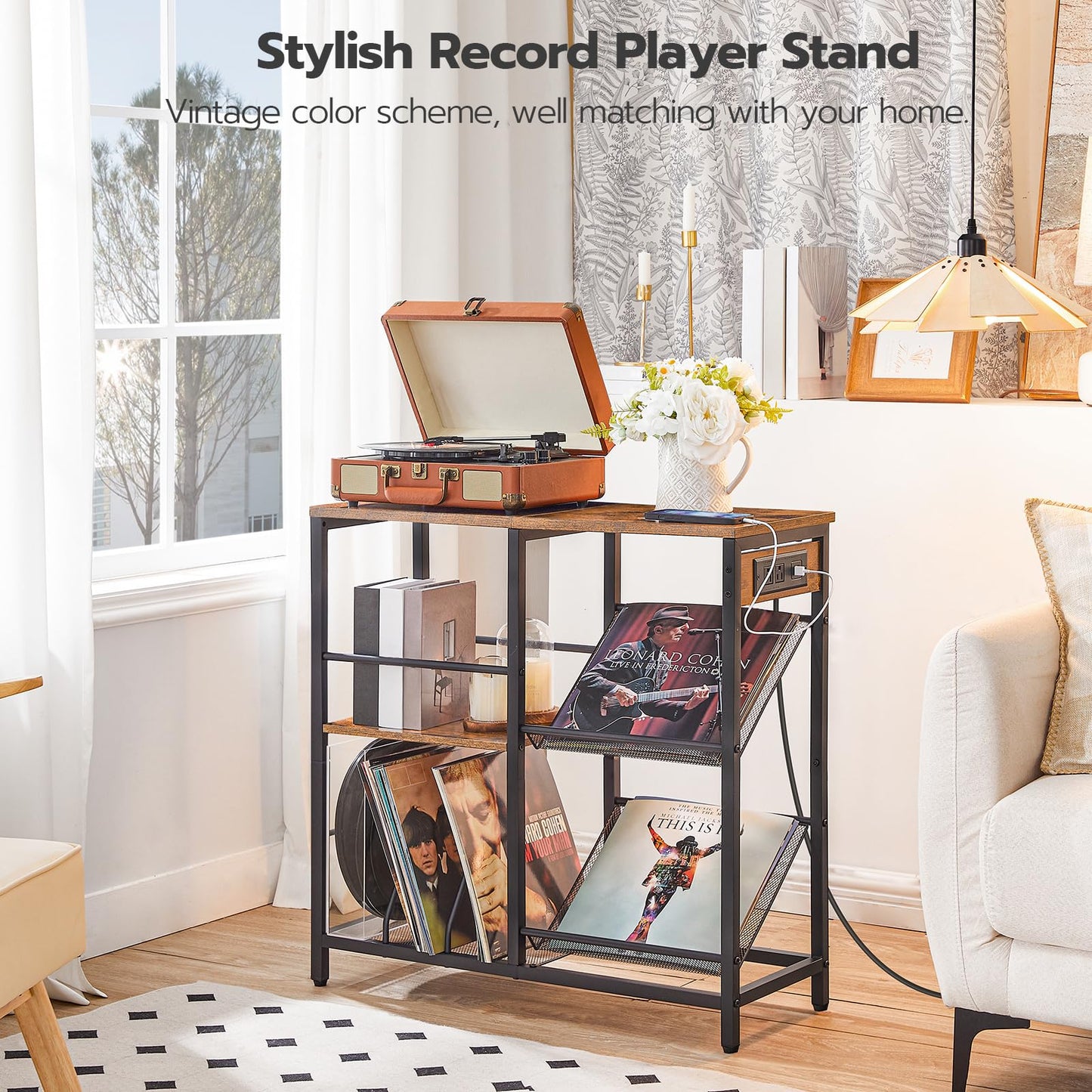 HOOBRO Record Player Stand, Turntable Stand with 3-Tier Vinyl Record Storage, End Table with Charging Station, Record Player Table Up to 150 Albums, for Living Room, Rustic Brown and Black BF03URS01