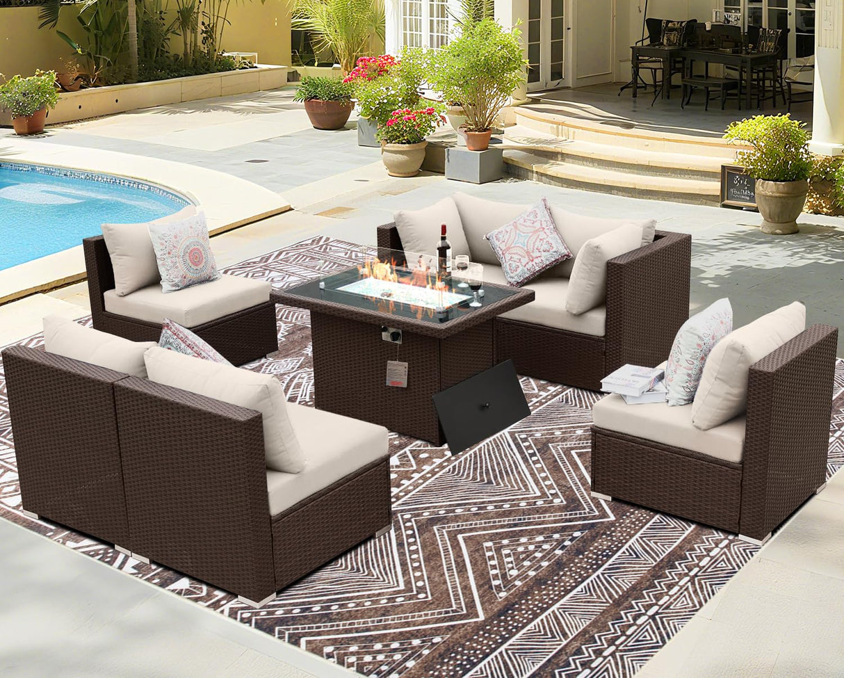 BULEXYARD 7 Pcs High Back Patio Furniture Set with Fire Pit Table Propane/Natural Gas Dual Fuel, All-Weather Outdoor Sectional Couch, Comfy Backyard Seating for Exterior, Brown Wicker & Beige Cushion BULEXYARD