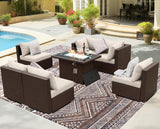BULEXYARD 7 Pcs High Back Patio Furniture Set with Fire Pit Table Propane/Natural Gas Dual Fuel, All-Weather Outdoor Sectional Couch, Comfy Backyard Seating for Exterior, Brown Wicker & Beige Cushion BULEXYARD