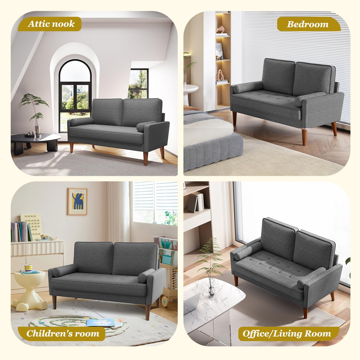 Loveseat Sofa with Solid Wood Legs, 48" Small Couches for Small Spaces, Love Seat for Living Room, Bedroom, Easy Assembly Mid Century Modern Couch with Throw Pillow for Apartment, Grey Vesgantti