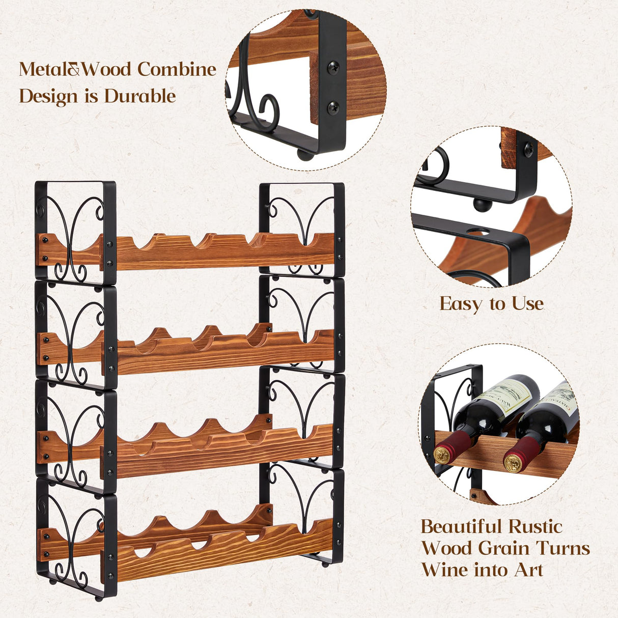 Stackable Wine Rack for 16 Bottles, 4 Tier Wine Storage Cabinet Shelf, Freestanding Wine Organizer with Patent Design, Wooden & Iron Bottles Holder for Kitchen Counter or Bar, Wine Display Shelf X-cosrack