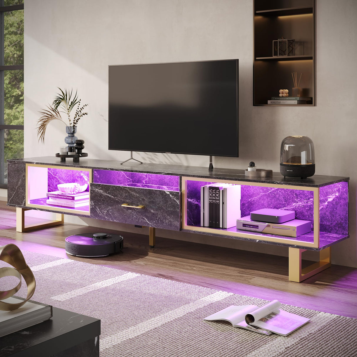 Bestier 80 Inch TV Stand for 65/75/85/90 Inch TVs, LED Gaming Entertainment Center with Open Storage and Half-Glass Design Drawer, Modern High Gloss Media Console for Living Room Bedroom, Black Marble Bestier