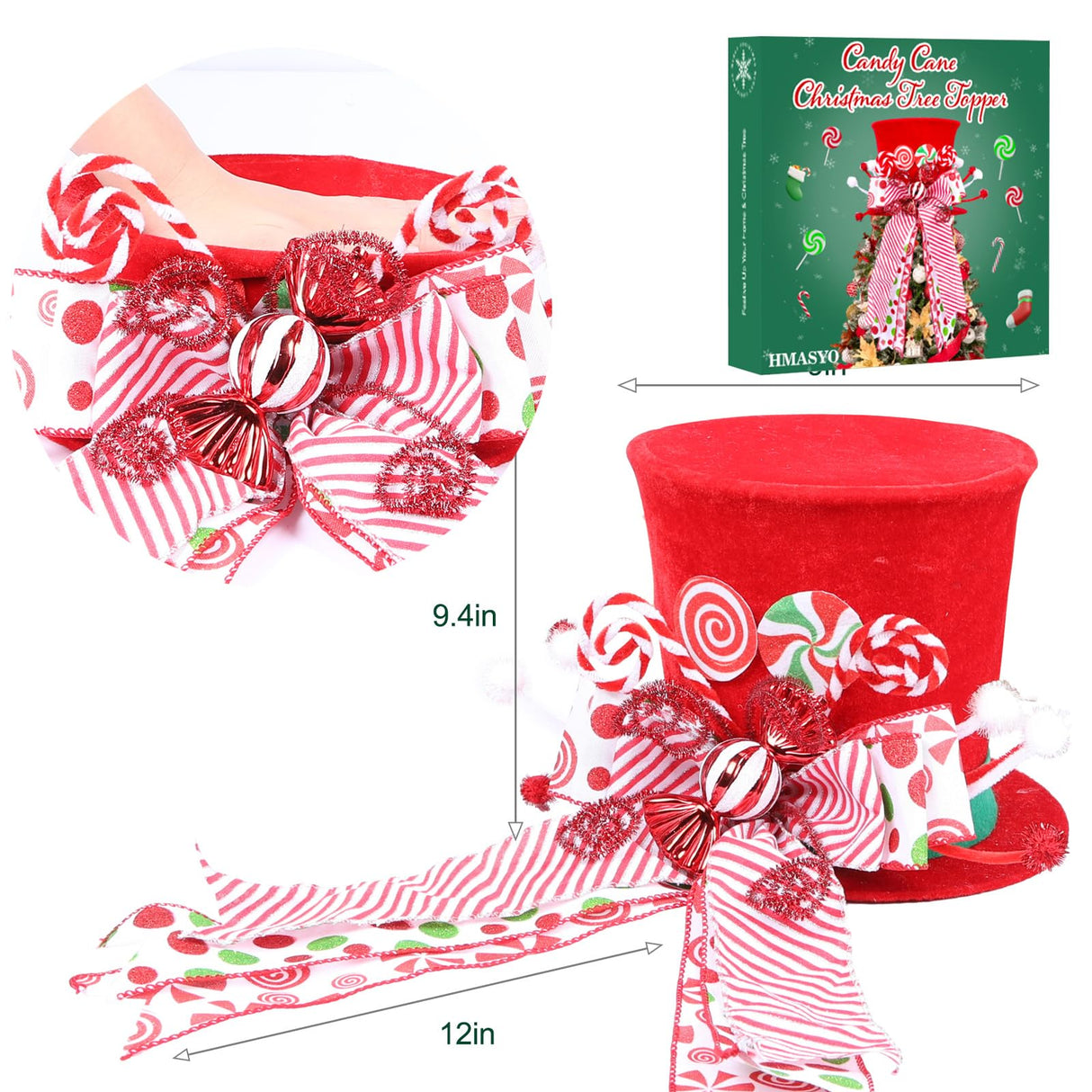 HMASYO Candy Cane Christmas Tree Topper - Large Red Tree Topper Hat with Candy Peppermint Bows Ribbon Ornament, Top Hat Christmas Tree Topper for Home Office Holiday Tree Decoration Xmas Gift HMASYO