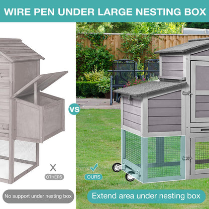 Wooden Chicken Coop with Wheels, Mobile Hen House 80" Outdoor Poultry Cage with Nesting Box Run