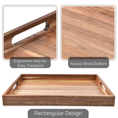 Acacia Wood Serving Tray with Handles Set of 2 – Decorative Serving Trays Platter for Breakfast in Bed, Lunch, Dinner, Patio, Ottoman, Coffee Table, BBQ, Party –Great for Lap &Couch ZESPROKA