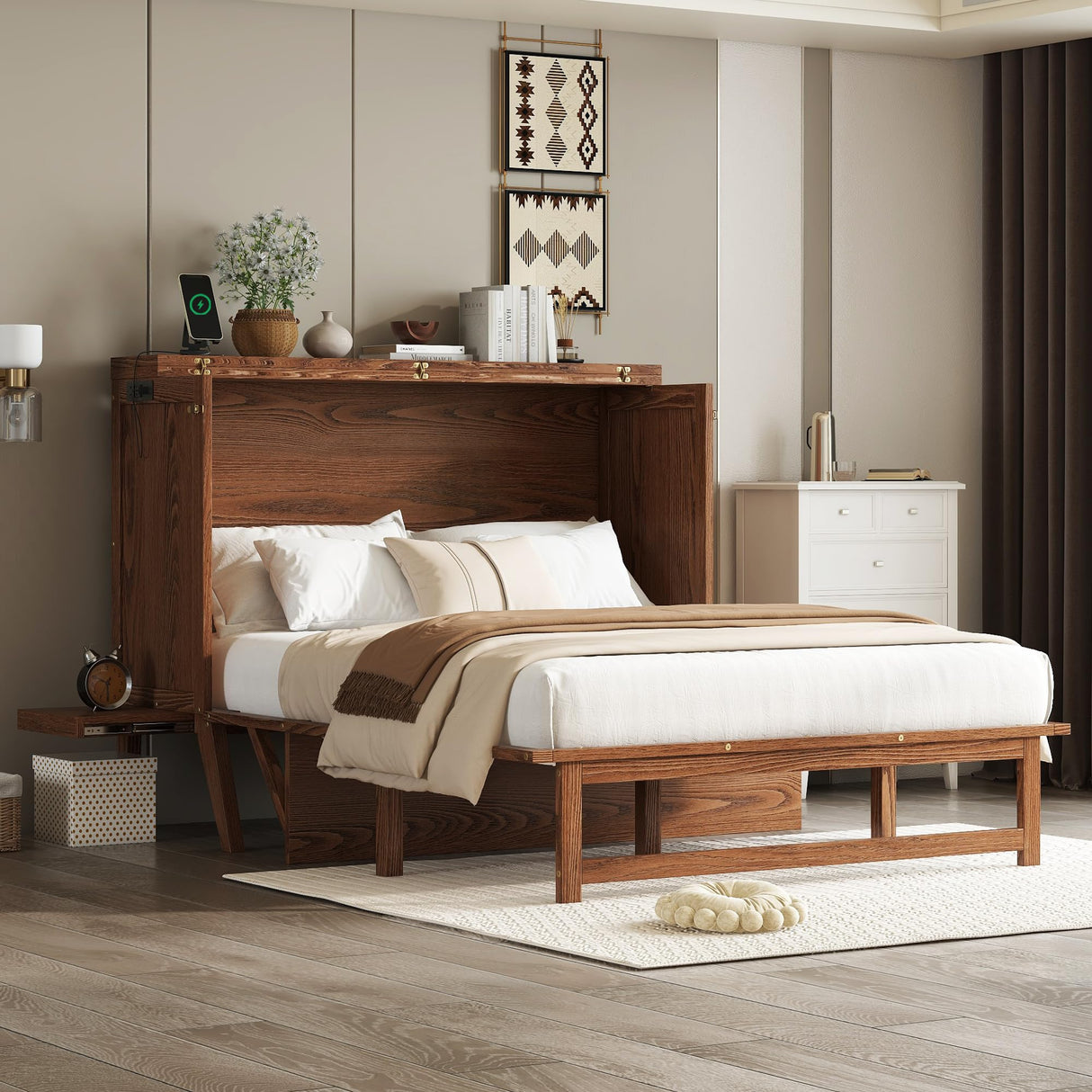 jurmiture Full Size Murphy Bed with USB Port and Removable Shelves on Each Side, Solid Pine Murphy Cabinet Bed for Home Office, Guest Room, Walnut jurmiture