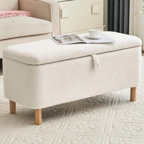 Boucle Storage Ottoman Bench for Bedroom end of Bed, Sherpa Upholstered Shoe Seat Storage Beach for Entryway Bed Foot, Rectangle Cushion Padded Blanket Chest Cute for Living Room, Off White Comfort Stretch
