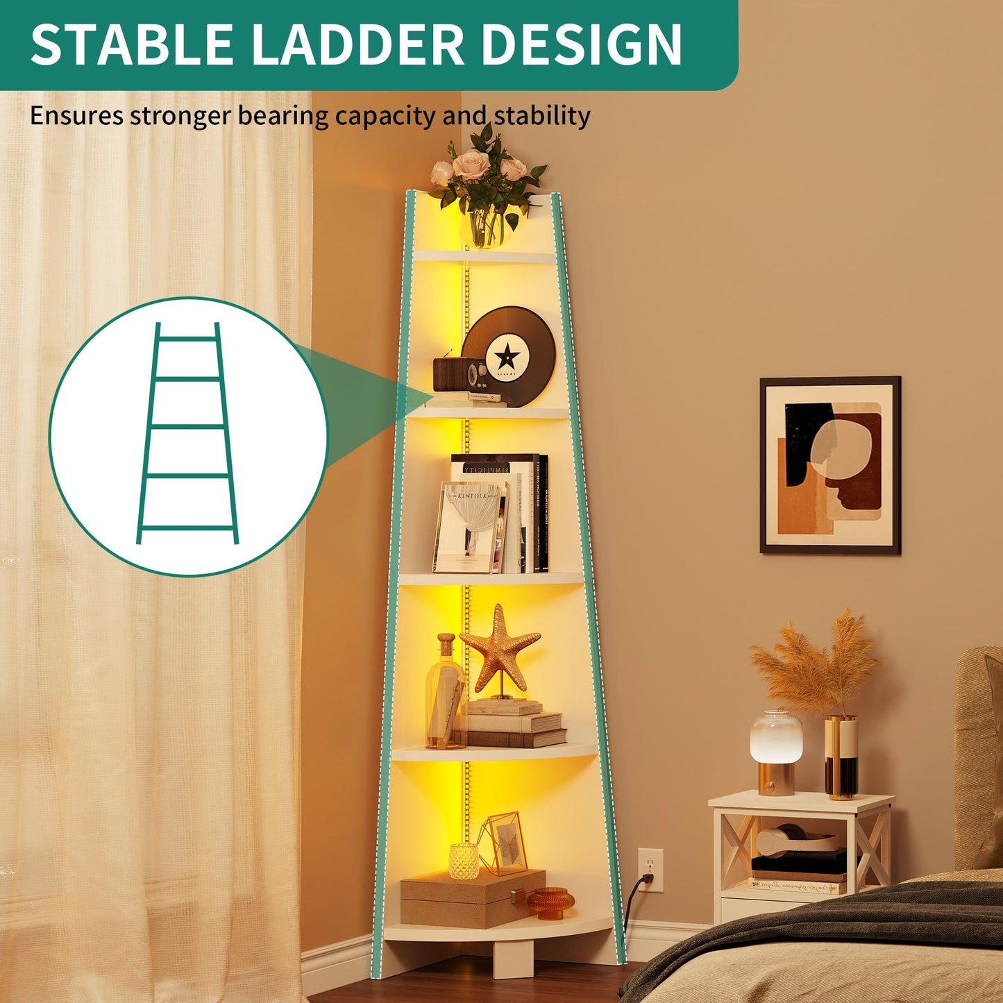 YITAHOME 5-Tier Corner Bookshelf with LED Light – Modern Wooden Ladder Shelf for Home and Office in White - WoodArtSupply