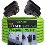 GEARit 30-Amp Extension Cord for RV and Auto, 125-Volt, 3-Prong, 10/3 STW 10AWG Gauge 3 Wire, NEMA TT-30P to TT-30R, Outdoor, Waterproof, Outdoor Camper Power Cord, 75 feet (22.9 Meters), Green GearIT