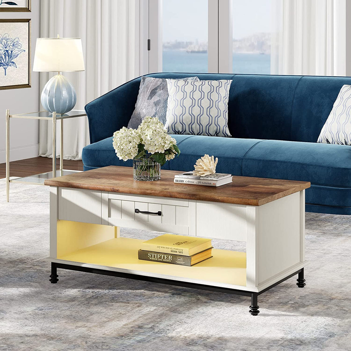 WAMPAT Farmhouse Coffee Table, with Yellow LED Lights, Large Rectangle Center Table with 1 Drawers and Open Storage Shelf for Living Room, 42", White/Oak, WAMPAT