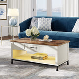 WAMPAT Farmhouse Coffee Table, with Yellow LED Lights, Large Rectangle Center Table with 1 Drawers and Open Storage Shelf for Living Room, 42", White/Oak, WAMPAT