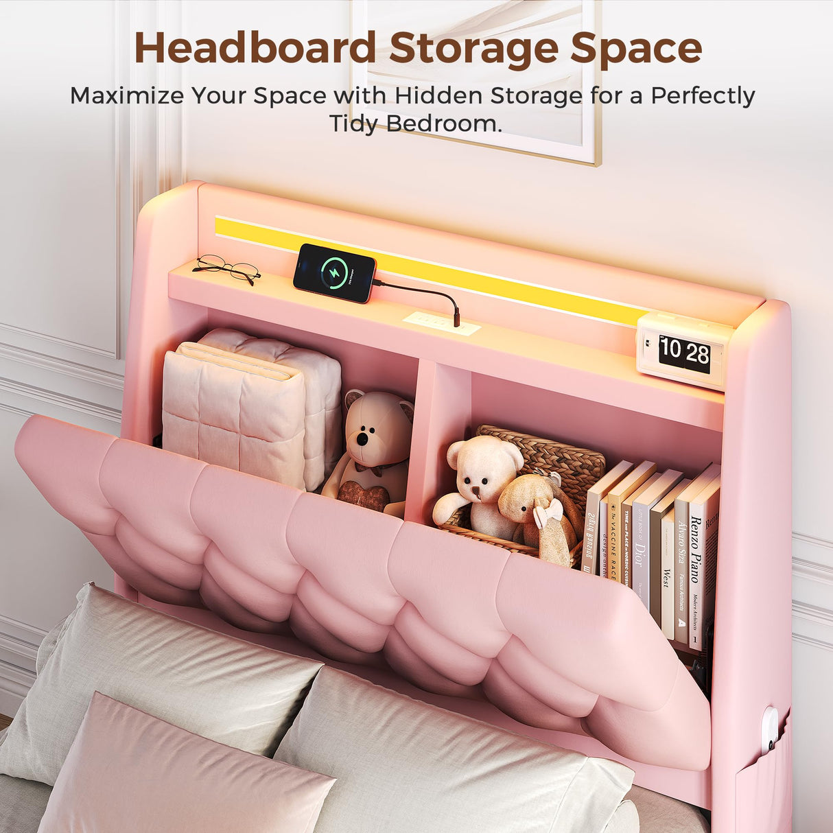 Twin LED Velvet Bed Frame with 2 Storage Drawers&Hidden Headboard, Upholstered Platform Bed with Charging Station&Button Tufted Design, Wooden Slats Support, Box Spring Optional, Easy Assembly, Pink Jocoevol