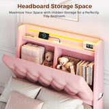 Twin LED Velvet Bed Frame with 2 Storage Drawers&Hidden Headboard, Upholstered Platform Bed with Charging Station&Button Tufted Design, Wooden Slats Support, Box Spring Optional, Easy Assembly, Pink Jocoevol