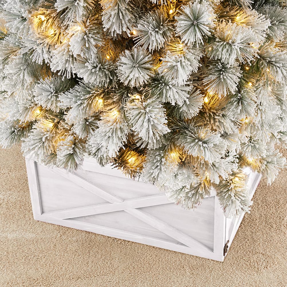 Glitzhome Washed White Wooden Tree Collar Tree Stand Cover Christmas Tree Skirt Tree Box, 22" L Glitzhome