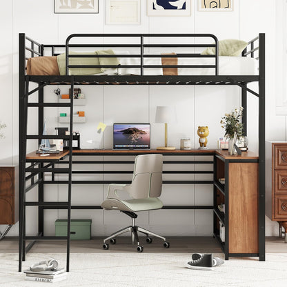 Metal Full Size Loft Bed with L-Shaped Desk,Heavy Duty Loft Bed with 3 Tier Shelves for Kids Teens Adults,High Loft Bed Frame, Space Saving Loft Bed Full Size(Full,Black)