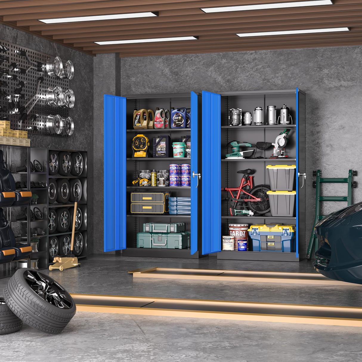Greenvelly Metal Garage Storage Cabinet with Doors and Shelves, 72" Steel Lockable File Cabinet,Office Storage Cabinet Tall Metal Cabinet for Garage Office School Gym Warehouse(Black Blue) Greenvelly