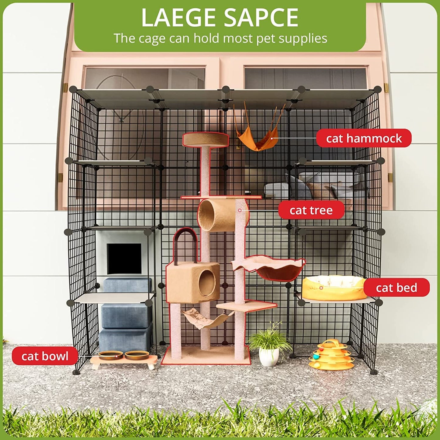 Eiiel Outdoor Cat House, Cages Enclosure with Super Large Enter Door, 55.1L x 27.6W x 55.1H Balcony Cat Playpen with Platforms,DIY Kennels Crate, Exercise Place Ideal for 1-4 Cats, BLACK - WoodArtSupply