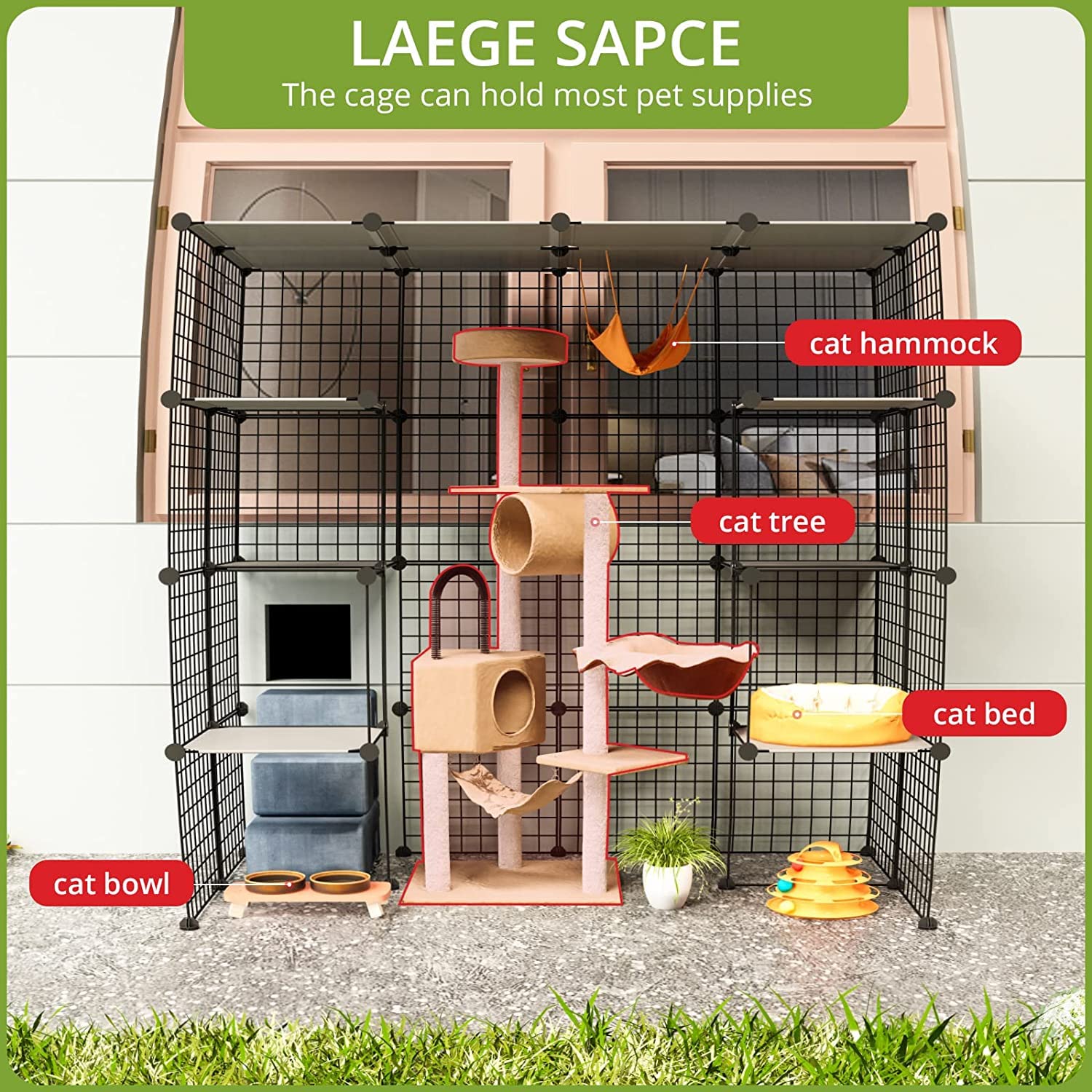 Eiiel Outdoor Cat House, Cages Enclosure with Super Large Enter Door, 55.1L x 27.6W x 55.1H Balcony Cat Playpen with Platforms,DIY Kennels Crate, Exercise Place Ideal for 1-4 Cats, BLACK - WoodArtSupply