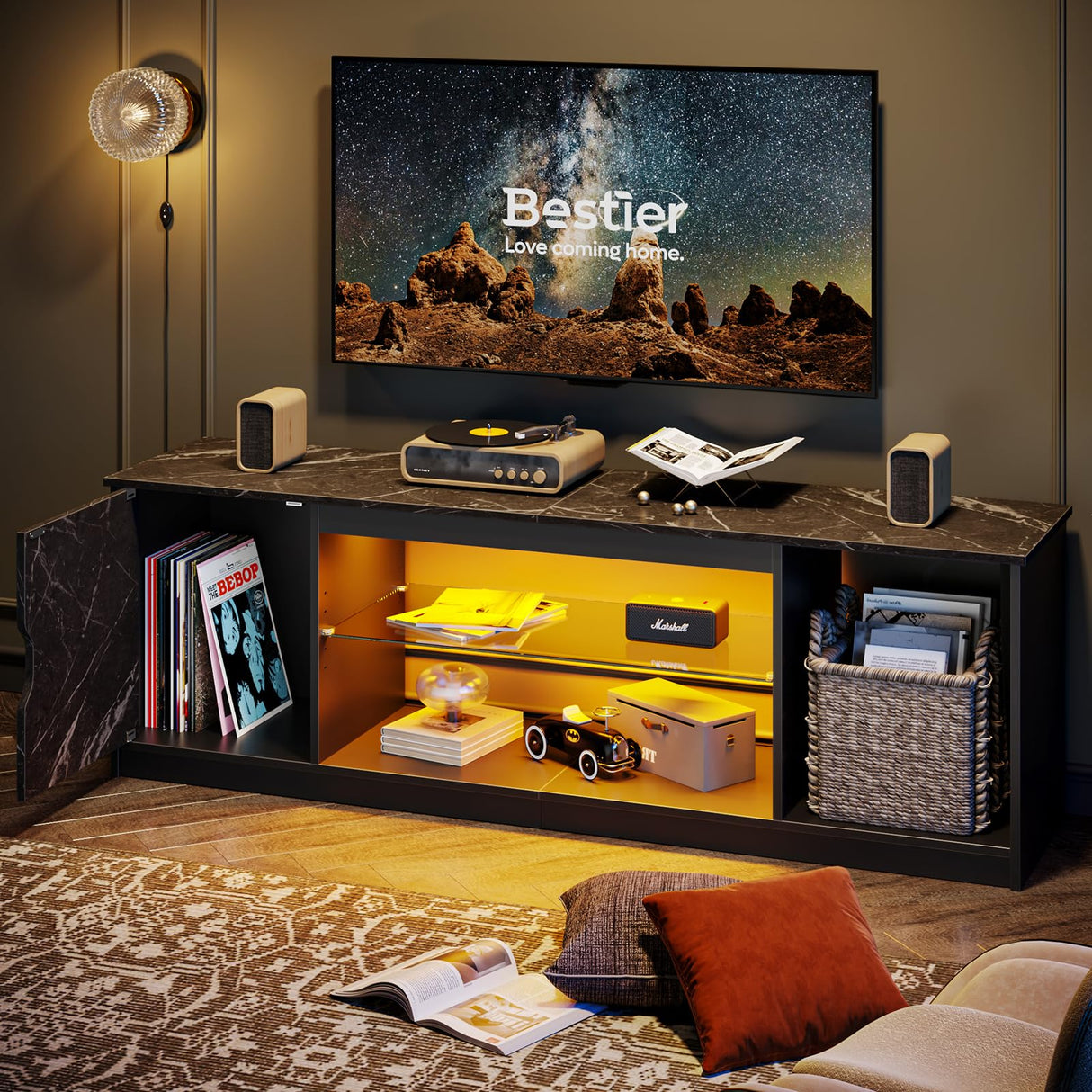 Bestier LED TV Stand for 55/60/65 Inch TV, Gaming Entertainment Center with Cabinet for PS5, Xbox,Modern TV Cabinet with Adjustable Glass Shelves for Living Room, Bedroom 58 Inch,Black Marble Bestier