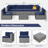 SUNVIVI OUTDOOR 7 Piece Patio Furniture Sets All Weather Grey PE Wicker Couch Sofa with Glass Table, Removable Navy Blue Cushions SUNVIVI OUTDOOR