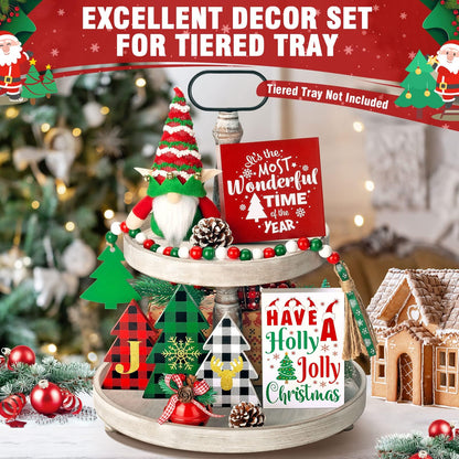 Christmas Tiered Tray Decor 10 PCS Christmas Decorations for Home - Christmas Table Decor Wooden Signs & Christmas Gnome Plush Set - Farmhouse Christmas Tray Decor Kitchen Table Mantel Christmas Party