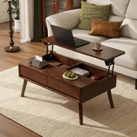 Lift Top Coffee Table, 100% Solid Oak Wood Walnut Coffee Table with Drawers and Hidden Compartments, Rectangular Coffee Tables with Storage for Living Room Home Decor (39.37" L x 21.65" W x 25.59" H) Wayshome
