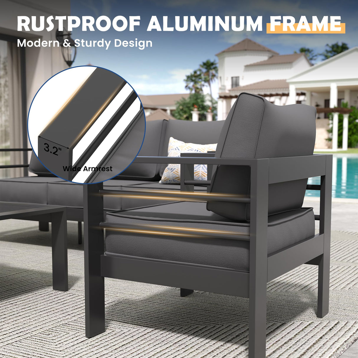 Amopatio Aluminum Patio Furniture Set, 6 Pieces Modern Patio Conversation Sets, Outdoor Sectional Metal Sofa with Coffee Table for Balcony, Garden, Dark Grey (Included Waterproof Covers) Amopatio