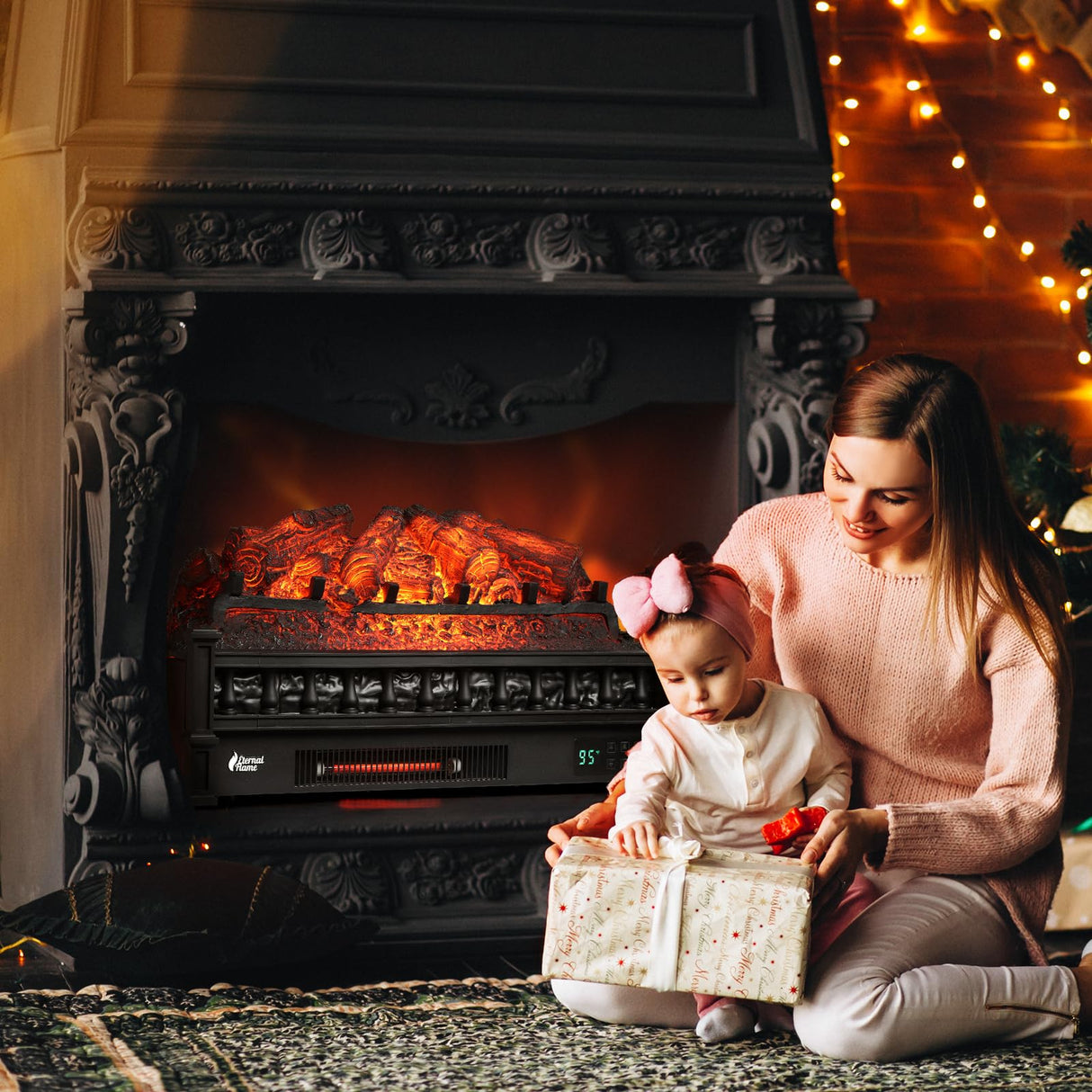 TURBRO Eternal Flame 26 in. WiFi Infrared Quartz Electric Fireplace Log Heater with Sound Crackling, Realistic Pinewood Logs, Adjustable Flame Colors, Remote Control, Thermostat, Timer, 1500W Black TURBRO