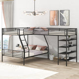 Twin Over Full Bunk Bed with Twin Loft Bed, L-Shaped Triple Bunk Bed with Storage Shelves, 3 Bunk Beds with Ladder and Full Length Guardrails, (Black Twin Over Full Shlef) Bellemave