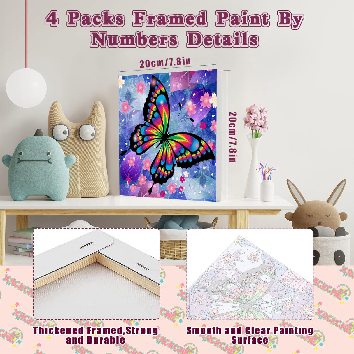 4 Pack Butterfly Paint by Number for Kids with Wooden Frame, Paint by Numbers for Kids Butterflies Ages 4-8-12, Easy Painting with Numbers DIY Acrylic Oil Painting Kits for Home Wall Decor (8X8 inch) xackcme