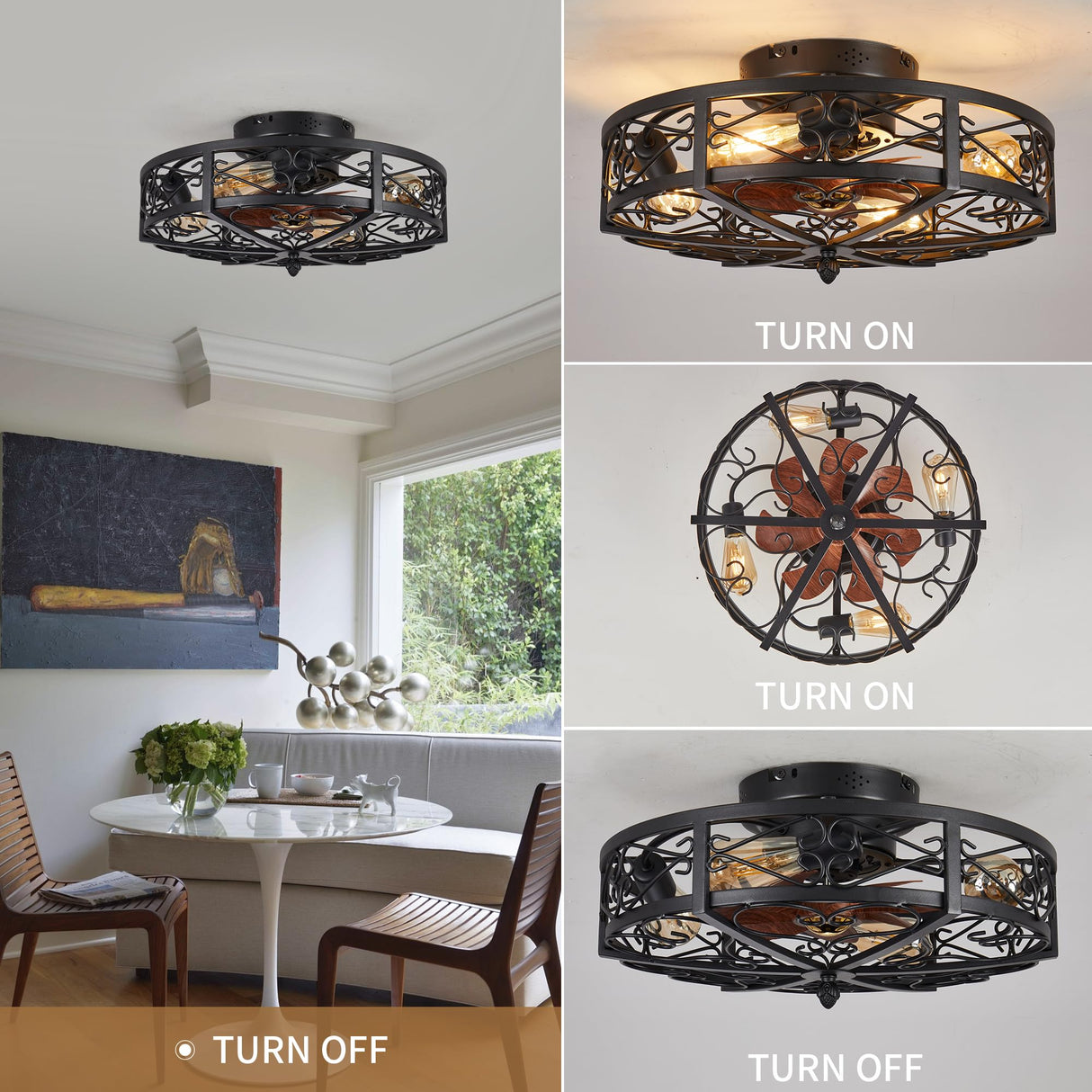 jarensen Rustic Black Caged Flush Mount Ceiling Fans with Lights and Remote Vintage Low Profile Bladeless Ceiling Fan, Reversible Motor, E26 Bulbs, 6 Speeds,for Farmhouse, Living Room, and Bedroom jarensen