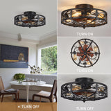jarensen Rustic Black Caged Flush Mount Ceiling Fans with Lights and Remote Vintage Low Profile Bladeless Ceiling Fan, Reversible Motor, E26 Bulbs, 6 Speeds,for Farmhouse, Living Room, and Bedroom jarensen