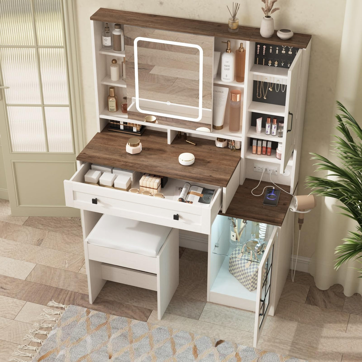 Vabches Makeup Vanity Desk with Sliding Mirror, 41.8'' White Farmhouse Vanity Table with Stool, Jewelry Cabinet & Charging Station, Large Drawer, Visual Cabinet, 3 Lighting Modes, Adjustable Shelves Vabches