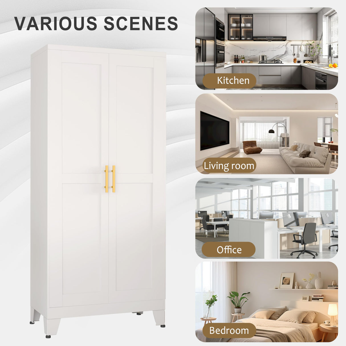 pozdeg Metal Storage Cabinet - 61" Tall Steel File Cabinets with 2 Doors and 3 Adjustable Shelves Versatile Storage Pantry Cabinet for Home Office Warehouse Garage or Outdoor (White) pozdeg