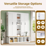 LUMISOL 4-in-1 Farmhouse Hall Tree with Wood Grain Bench and 8 Open Compartments, 62.9" Wide Entryway Bench with Storage Unit and 6 Hooks, Rustic Coat Rack for Hallway Living Room, White LUMISOL
