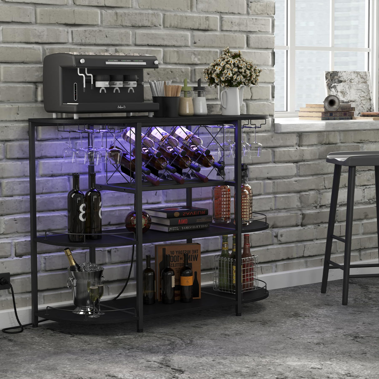 ZOPEND Wine Cabinet Coffee Table with Power Socket and LED Light, Three Tiers Coffee Bar Table Wine Rack Liqour Bar with Large Storage for Home Kitchen (Black) ZOPEND
