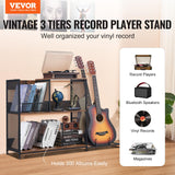 VEVOR 3-Tier Record Player Stand with Guitar Holder, Turntable Stand with Storage Holds Up to 300 Albums, Vinyl Record Cabinet with Metal Mesh Frame for Living Room, Bedroom, Black VEVOR