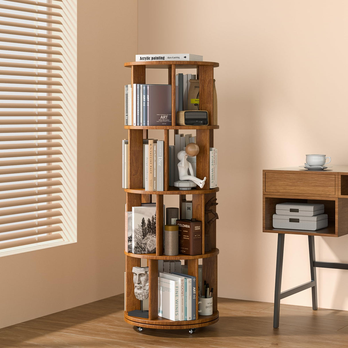4-Tier Solid Wood Rotating Bookshelf on Wheels, 360° Spinning Book Shelf Tower, Round Revolving Bookcase Organizer, Rolling Bookshelves for Small Spaces, Corner, Bedroom, Kids Room, Office, Walnut IUNVR
